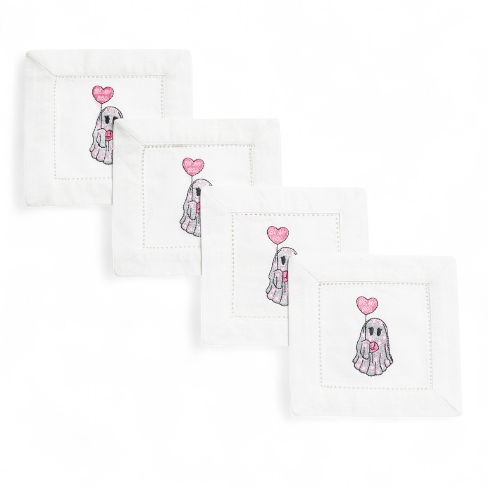 Charming Ghost Embroidered Napkins Set of 4 Linen Coasters Halloween 🎃